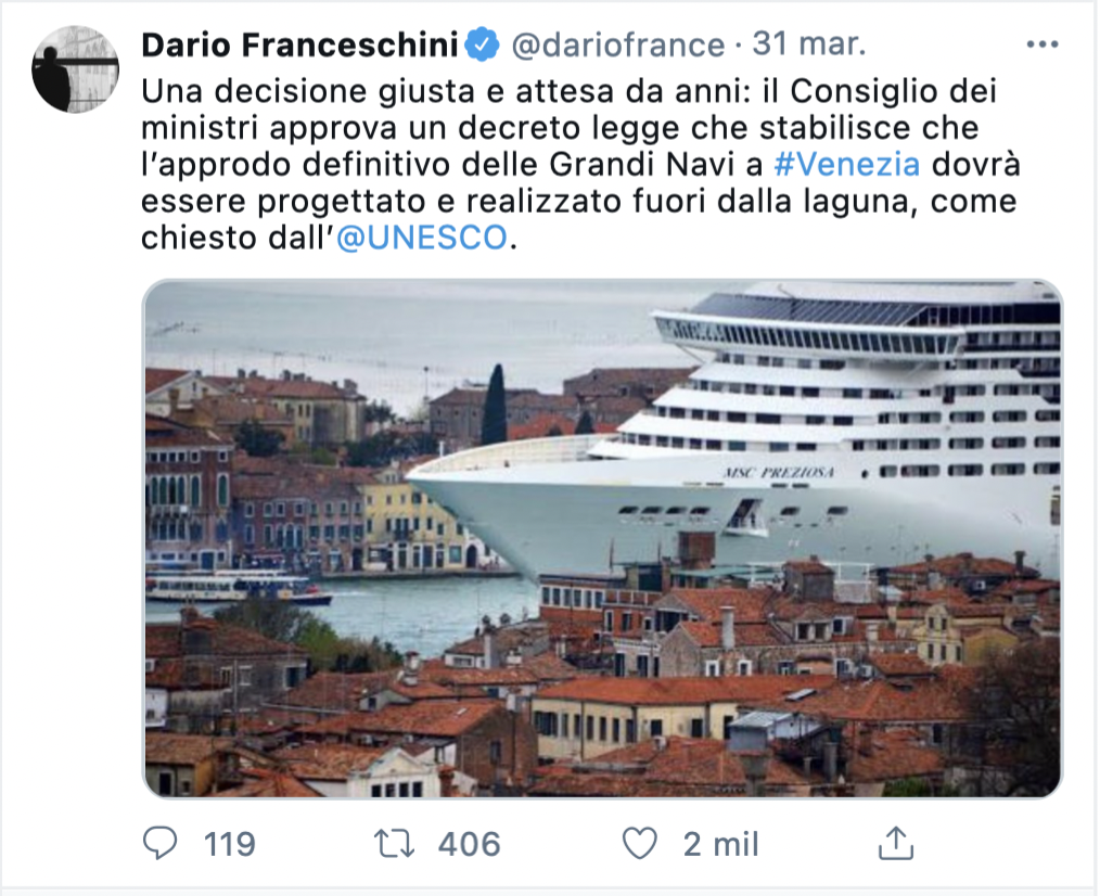 Tuit del ministro de Cultura de Italia, Dario Franceschini, ante la decisión de alejar los grandes buques de la laguna de Venecia