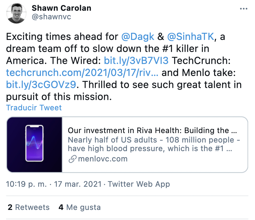 Tuit de Shawn Carolas sobre Riva Health