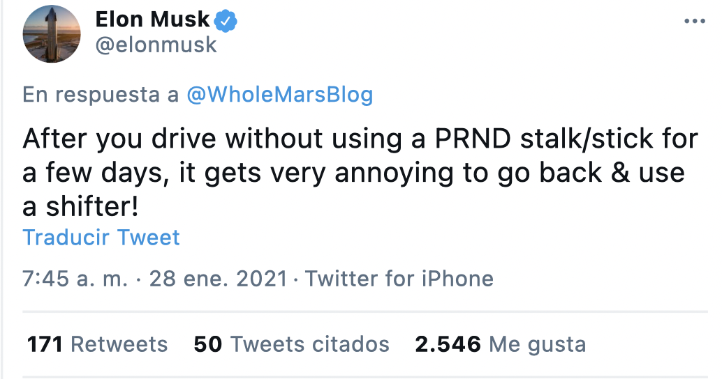 Tuit Elon Musk sobre la eliminación del cambio de marchas 
