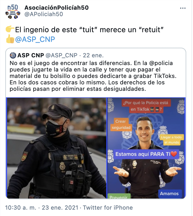 Retuit de H50 al tuit de la ASP comparando a dos policías