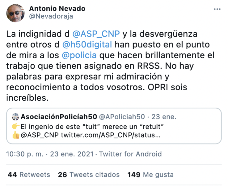 Tuit de Antonio Nevado criticando a H50 y ASP y aplaudiendo a los policías que hacen TikTok
