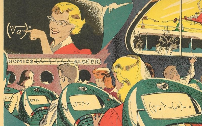 Ilustración de Arthur Radebaugh en un cómic sobre las aulas del futuro (1958)