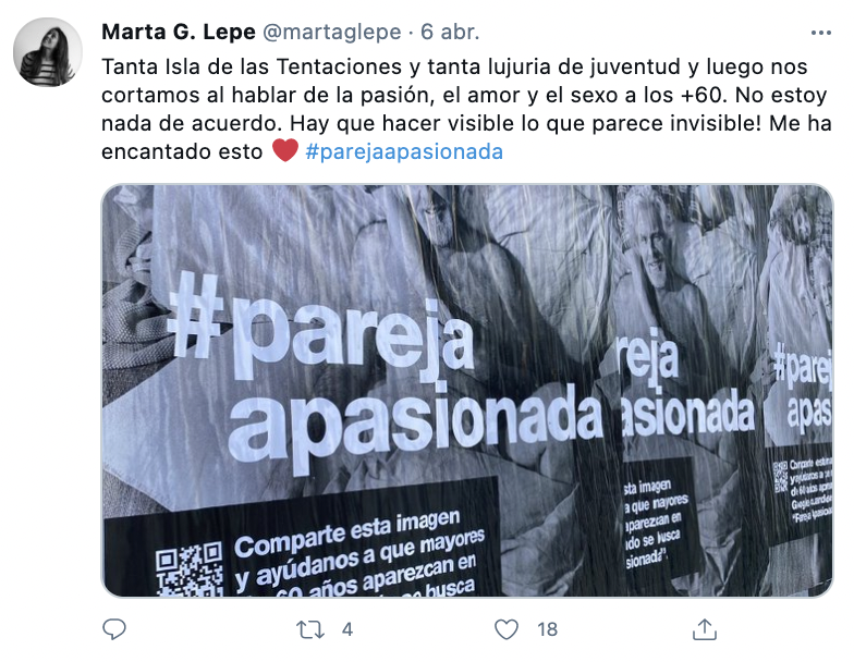 Tuit de apoyo al movimiento #parejaapasionada de Pikolin (@martaglepe)