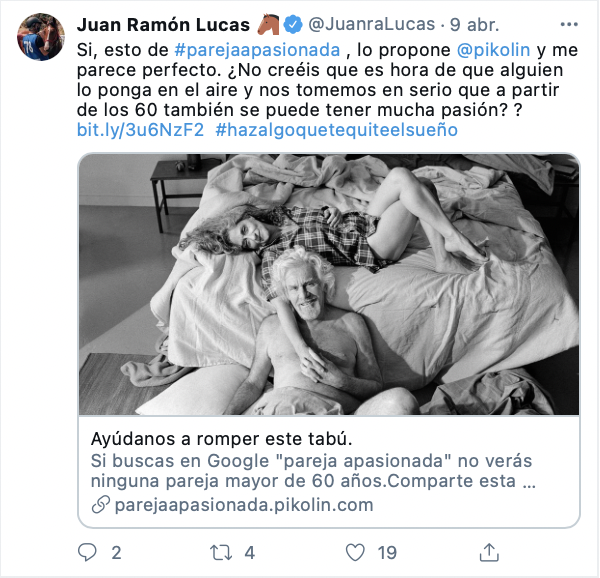 Tuit de apoyo al movimiento #parejaapasionada de Pikolin (@juanralucas)