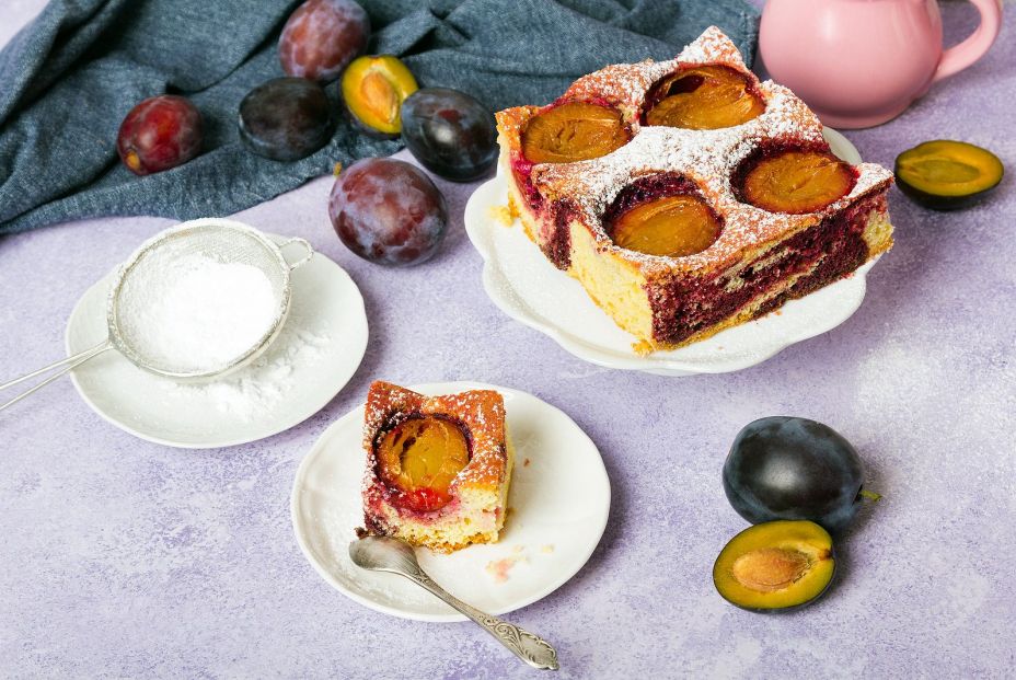 bigstock Tasty Plum Cake With Pieces Of 373376395