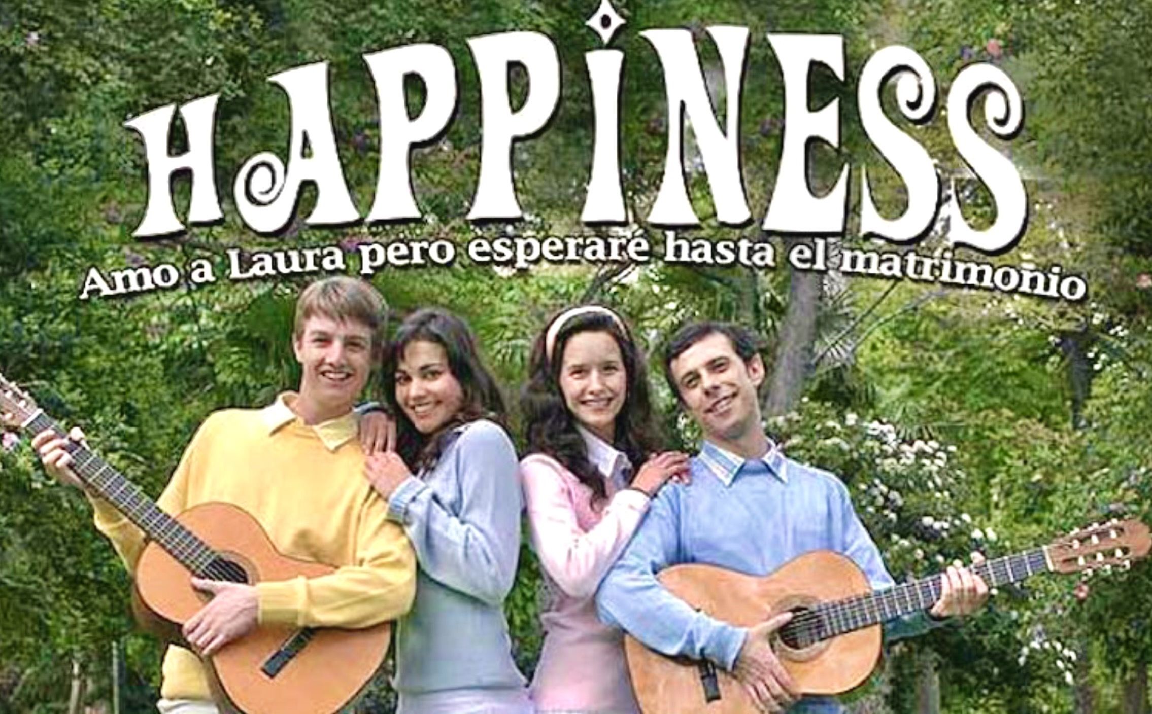 Grupo ficticio de 'Los Happiness' y su single 'Amo a Laura, pero esperaré hasta el matrimonio' con Lara Álvarez (izquierda)
