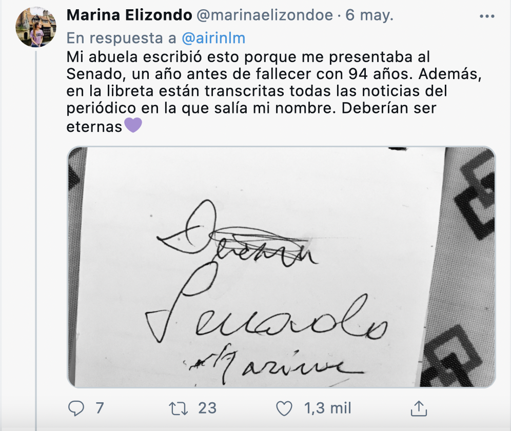 Tuit de @marinaelizondoe sobre su abuela