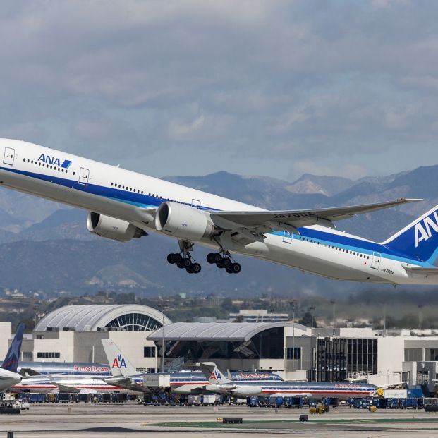 Boeing 777 de All Nippon Airways despegando en LAX, Aeropuerto Internacional de Los Ángeles (BigStock)