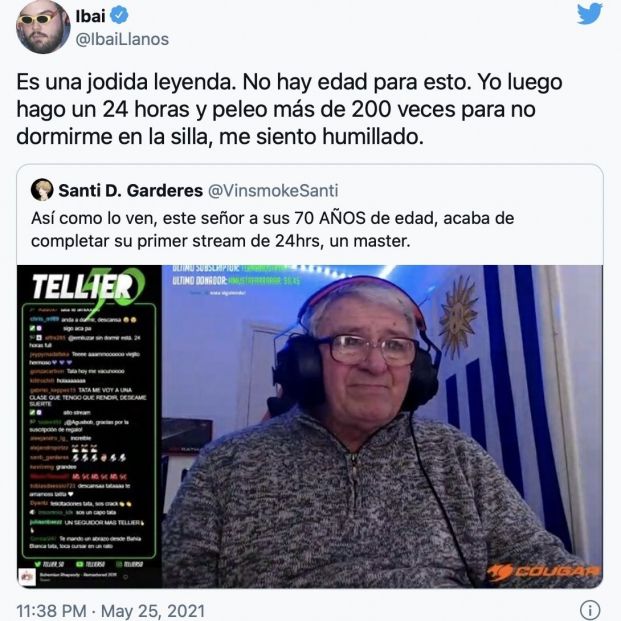 Tuit de Ibai felicitando a Tellier50 por su primer 24 horas en Twitch