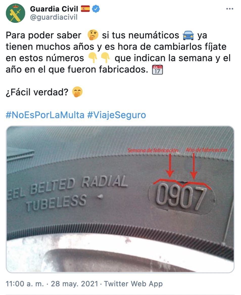 Tuit de la Guardia Civil donde indican cómo saber si debemos cambiar los neumáticos