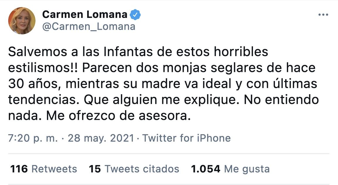 Tuit de Carmen Lomana sobre los estilismos de la Princesa Leonor y la Infanta Sofía