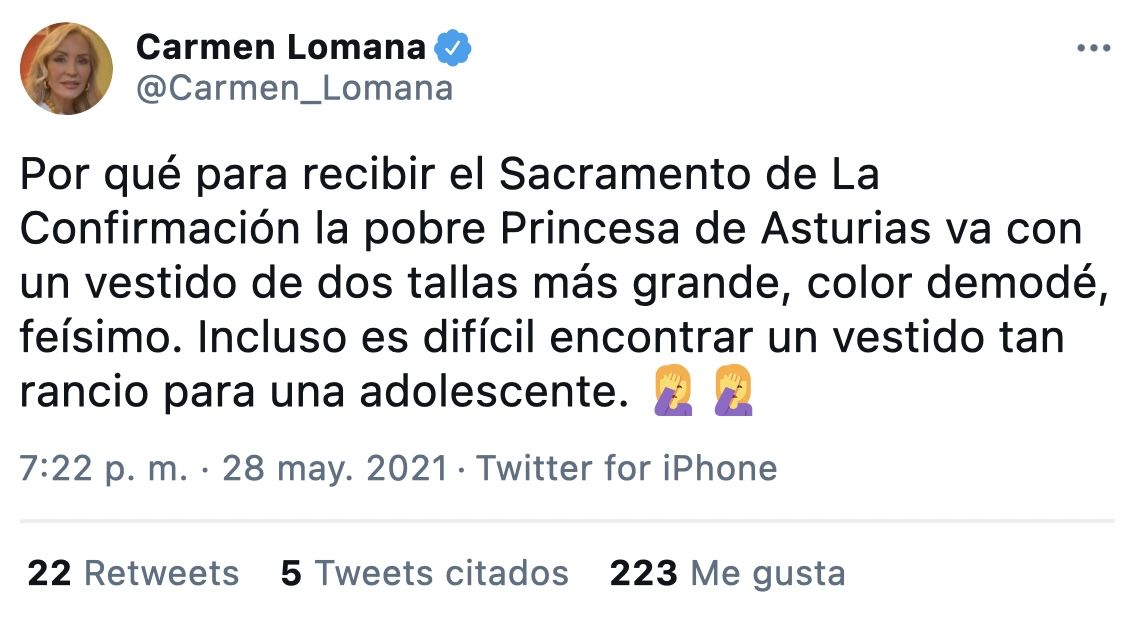 Tuit de Carmen Lomana criticando el vestido de la Princesa Leonor en su Confirmación