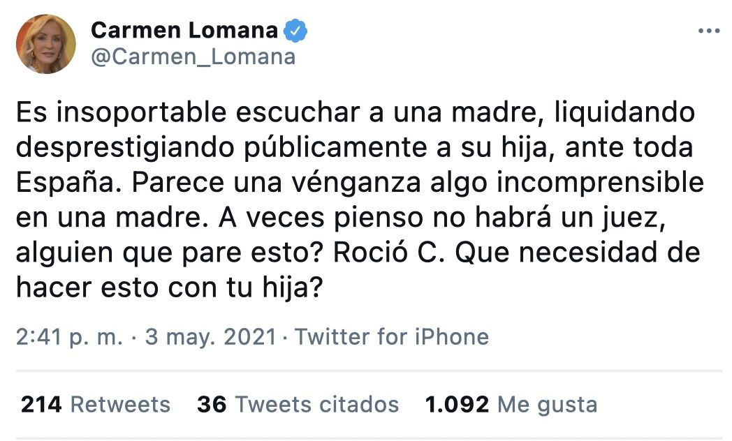 Carmen Lomana opinando sobre Rocío Carrasco en Twitter