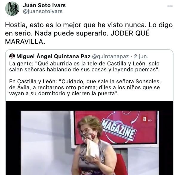 Tuit alabando a Sonsoles Soto por su poema erótico