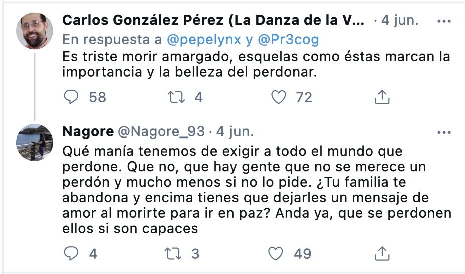 Conversación en Twitter sobre las diferentes opiniones que despiertan la esquela de Mari Paz