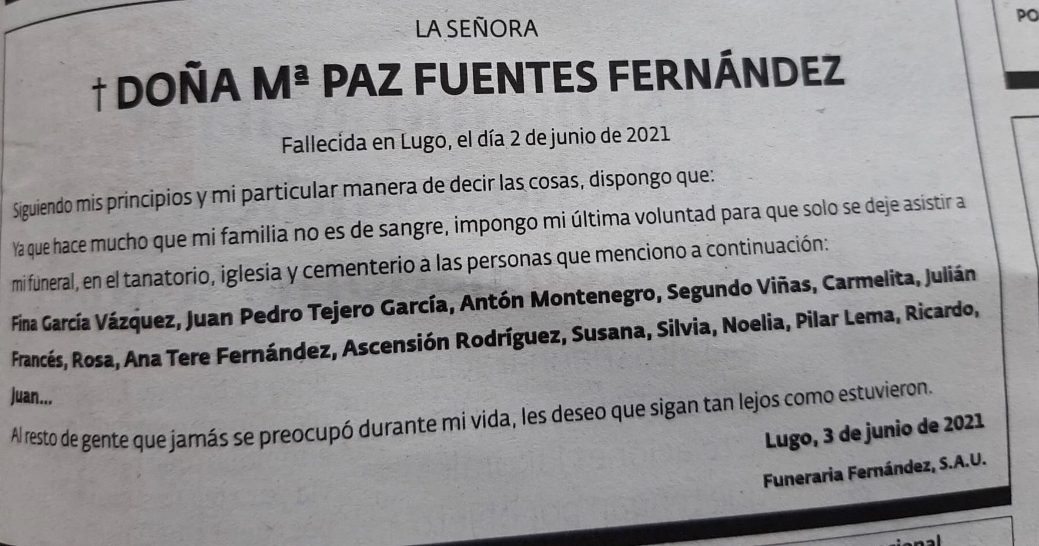 Esquela de María Paz Fuentes Fernández publicada en 'El Progreso' (Twitter)