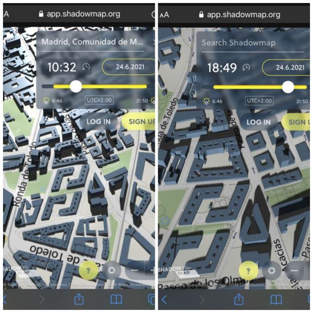 Shadowmap desde el móvil. Calles con sol y sombra a distintas horas del día en Madrid.