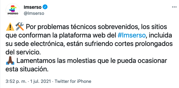 Mensaje del Imserso en Twitter