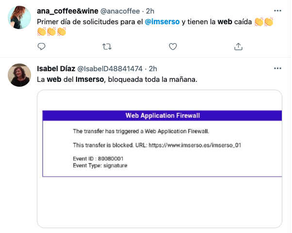 Mensajes en las redes sociales sobre la caída de la web del Imserso
