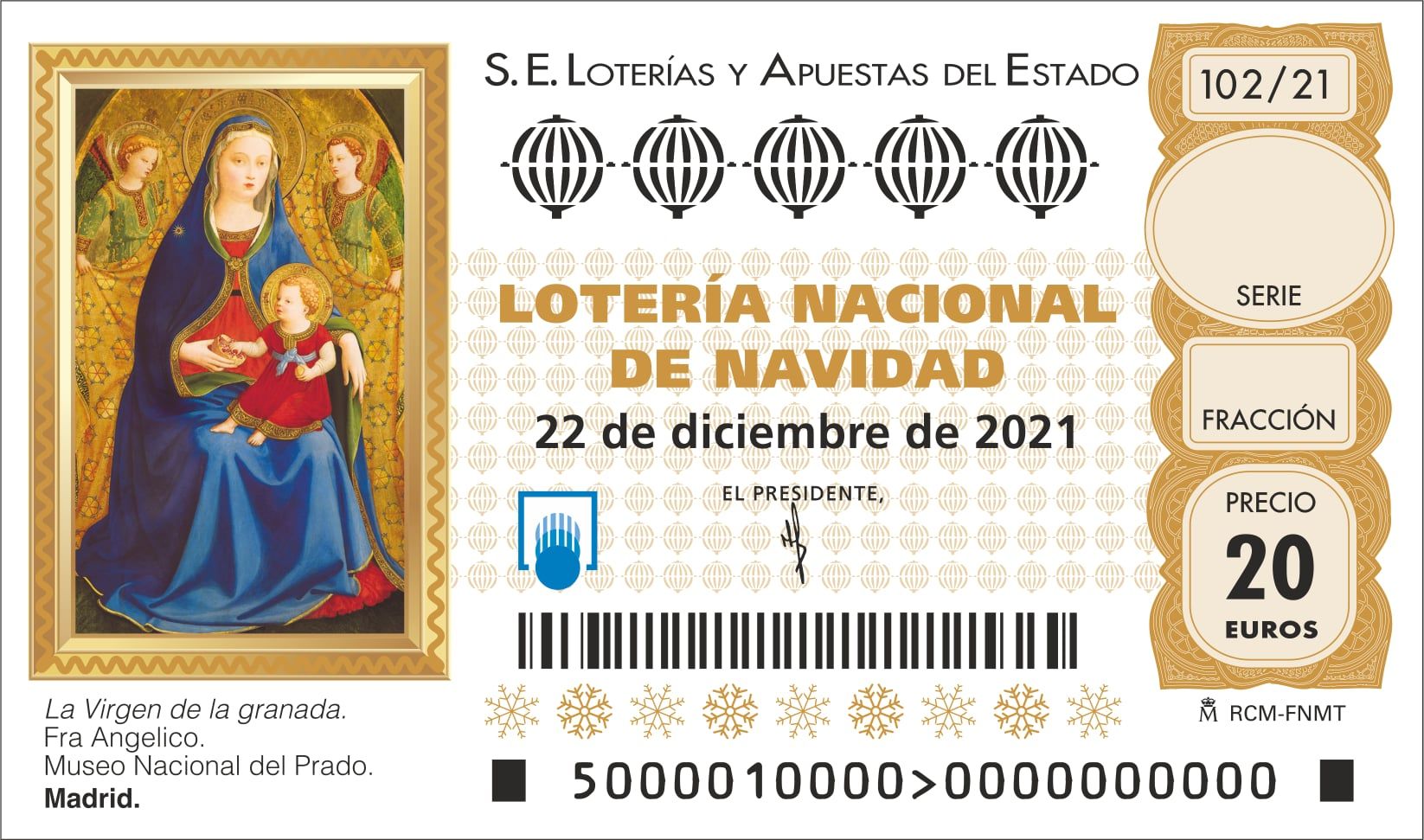 La obra que ilustra el décimo de la Lotería de Navidad 2021 es 'La Virgen de la granada'. Foto: SELAE.