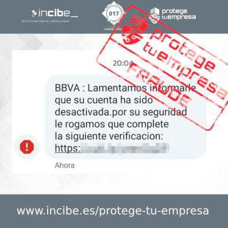 SMS fraudulento sobre la estafa que suplanta la identidad de BBVA. Foto: Incibe