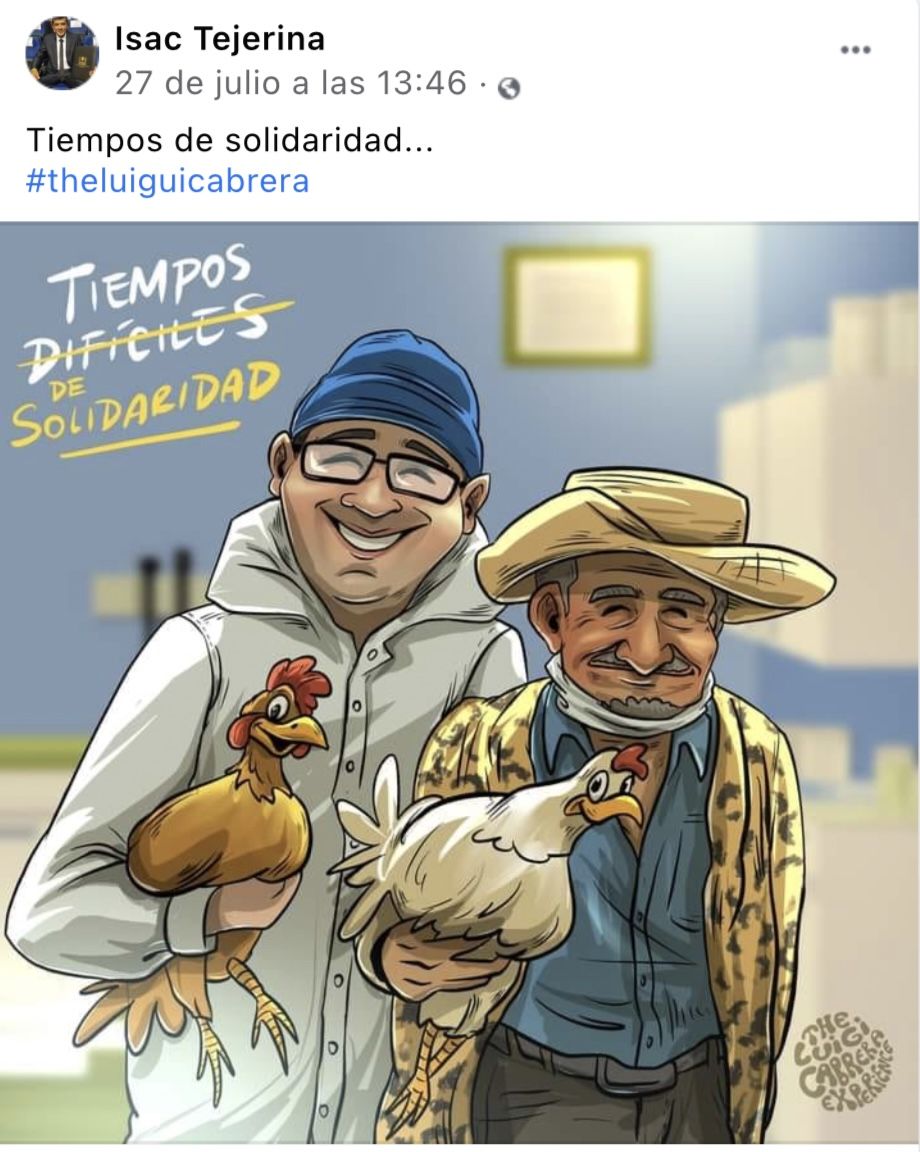 Publicación de Isac Tejerina en Facebook con una ilustración de 'The Luigui Cabrera' sobre el doctor, el paciente y las dos gallinas