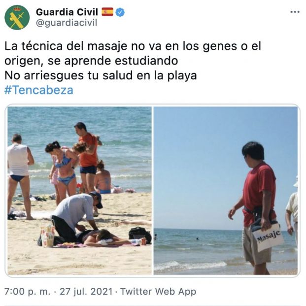 La advertencia de la Guardia Civil sobre los masajistas en la playa: "No arriesgues tu vida" (Foto: Twitter)