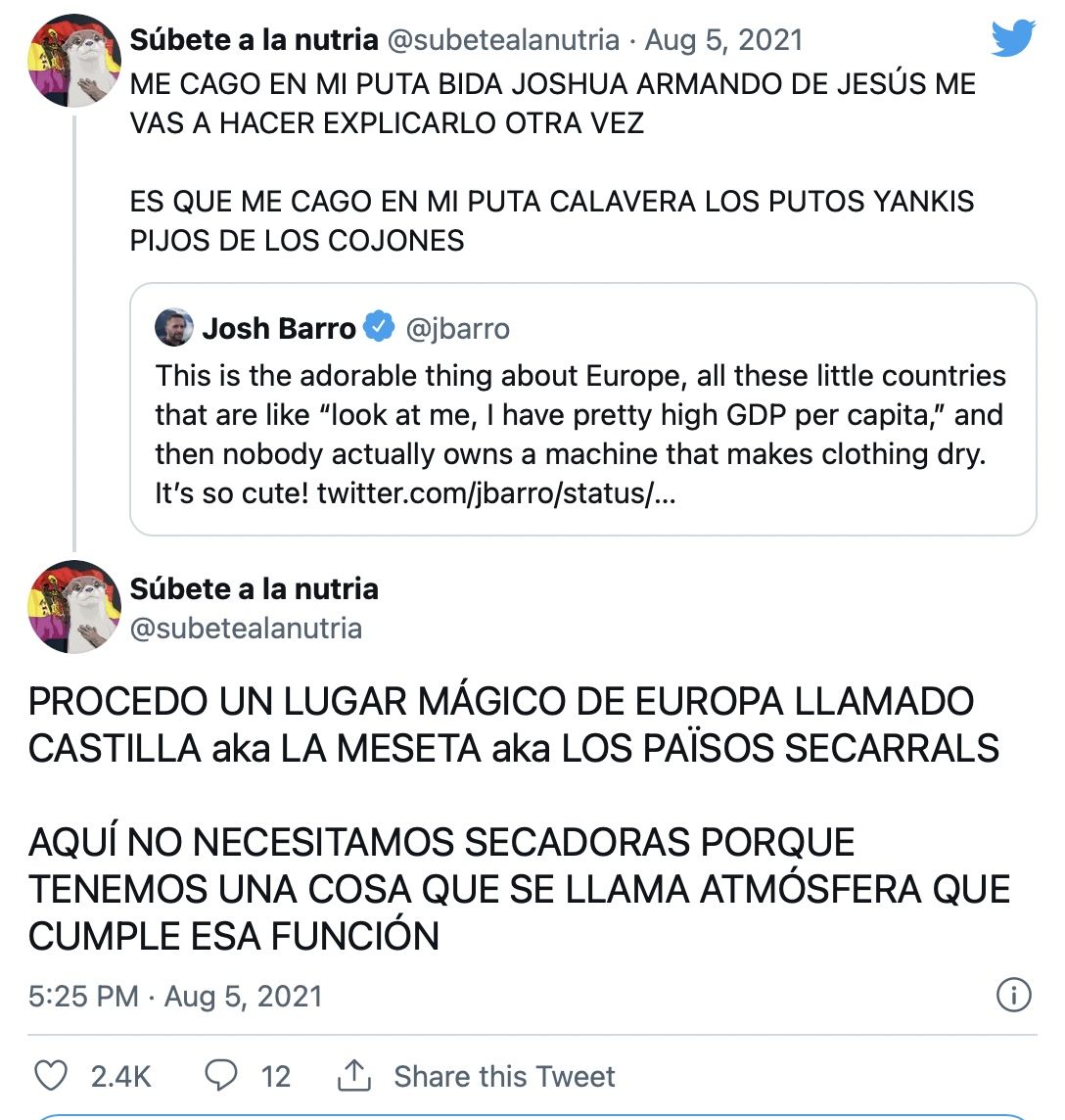 La respuesta viral de un español a un americano que se burló de los europeos por no usar secadora. Foto: Twitter