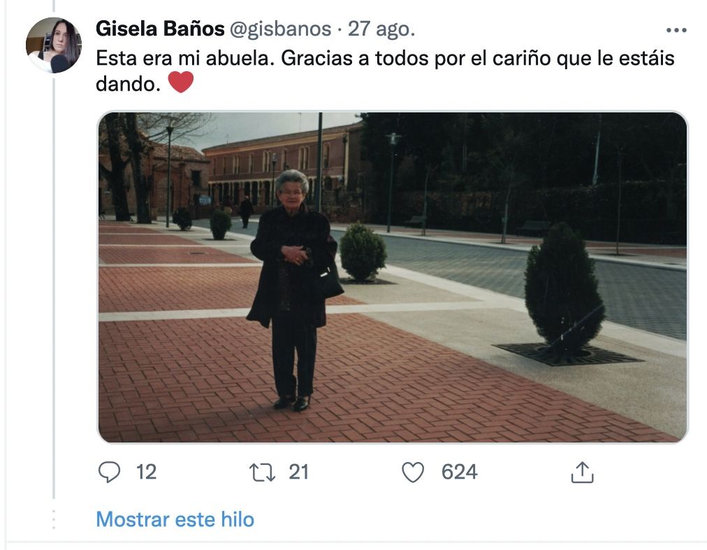Tuit de Gisela Baños con la foto de su abuela. (Foto: Twitter)