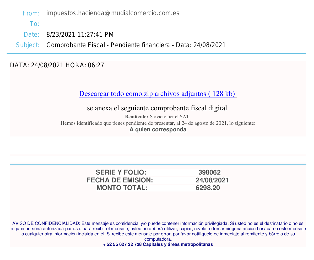 Correo electrónico fraudulento bajo el asunto de 'Comprobante Fiscal' que suplanta la identidad de Hacienda (Foto: ESET)