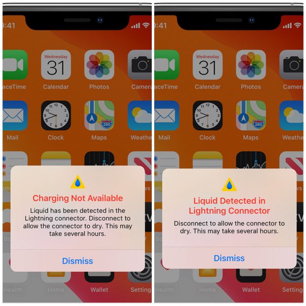 Los dos tipos avisos que aparecen en el iPhone cuando se detecta líquido en el puerto Lightning. (Fotos: Apple)