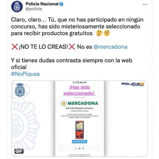 La policía advierte sobre una estafa que suplanta la identidad de Mercadona (Foto: Twitter)