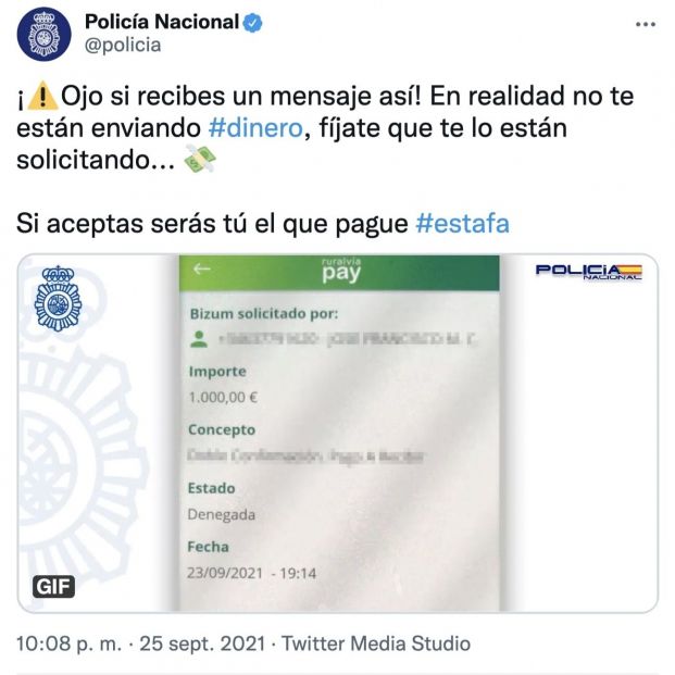 "¡Ojo si recibes un mensaje así!": La policía alerta sobre una estafa que puede robarte 1.000 euros (Foto: Twitter)