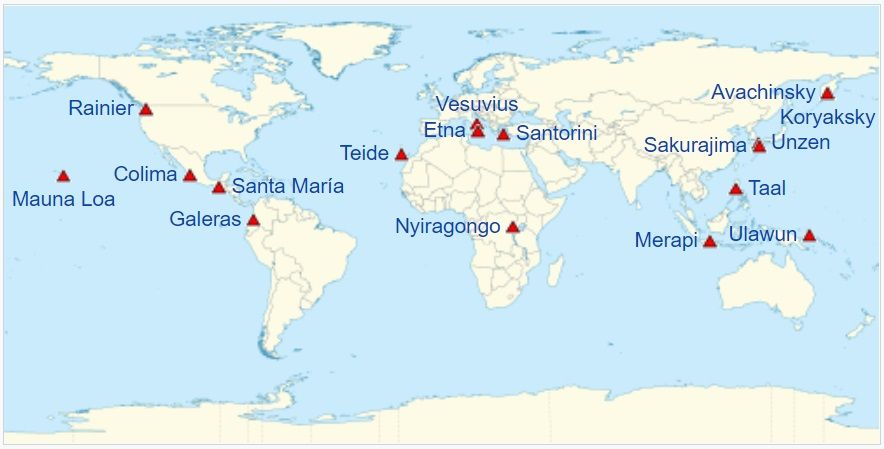 Localización de los 16 volcanes más peligrosos del planeta (IAVCEI)