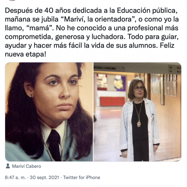 Tuit emotivo de Eva Baroja hacia su madre el día de su jubilación (Foto: Twitter. @eva_baroja)