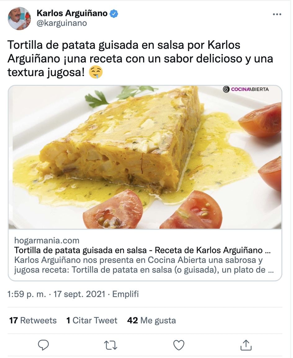 Tuit de Karlos Arguiñano y su receta de la tortilla de patata guisada en salsa (Foto: Twitter)