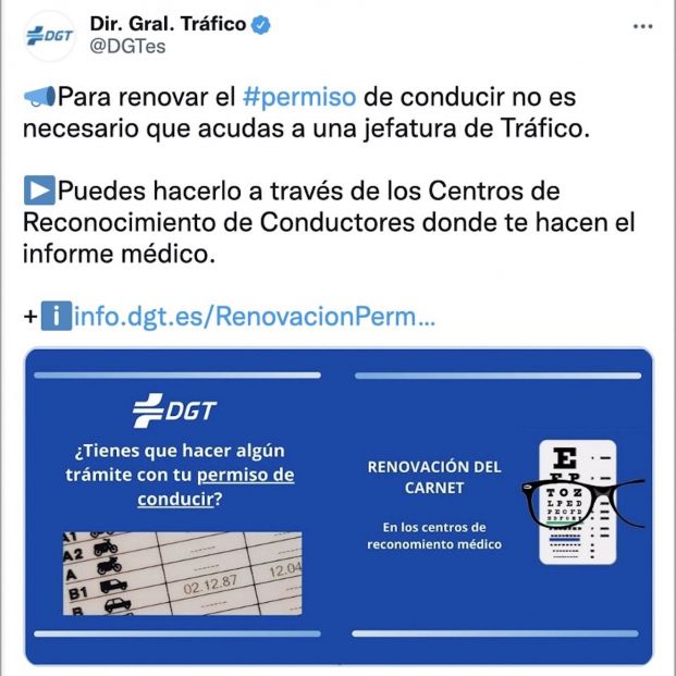 Tuit de la DGT sobre la renovación del carnet de conducir (Foto: Twitter)
