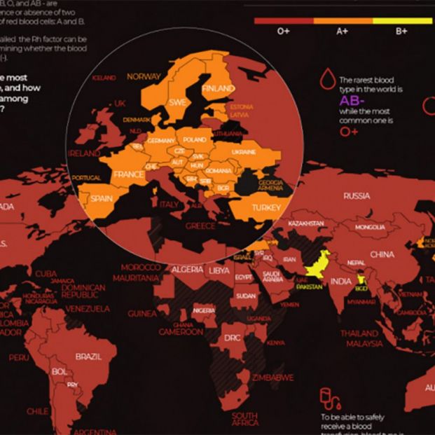 Un mapa muestra los grupos sanguíneos más comunes por país