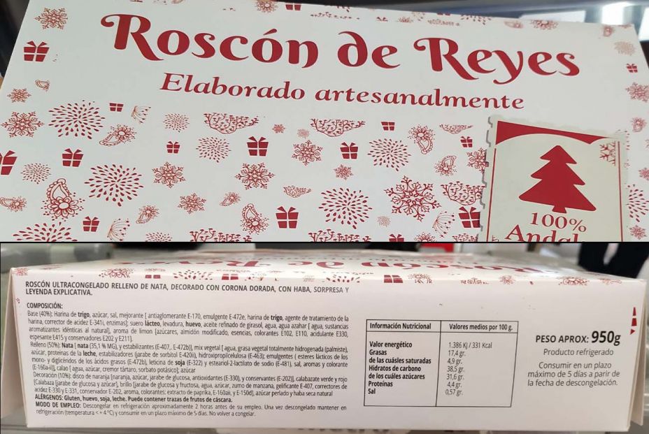 Roscón de Reyes vendido en los supermercados MAS y fabricado para estos supermercados por la empresa Zampabollos.