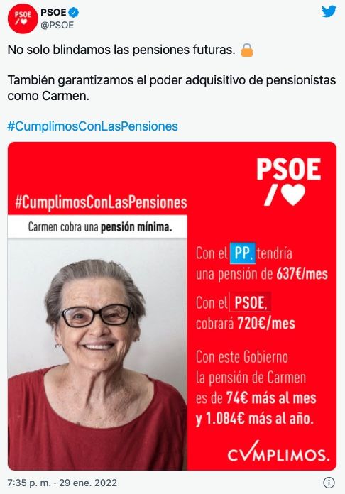 Tuit del PSOE sobre la subida de las pensiones