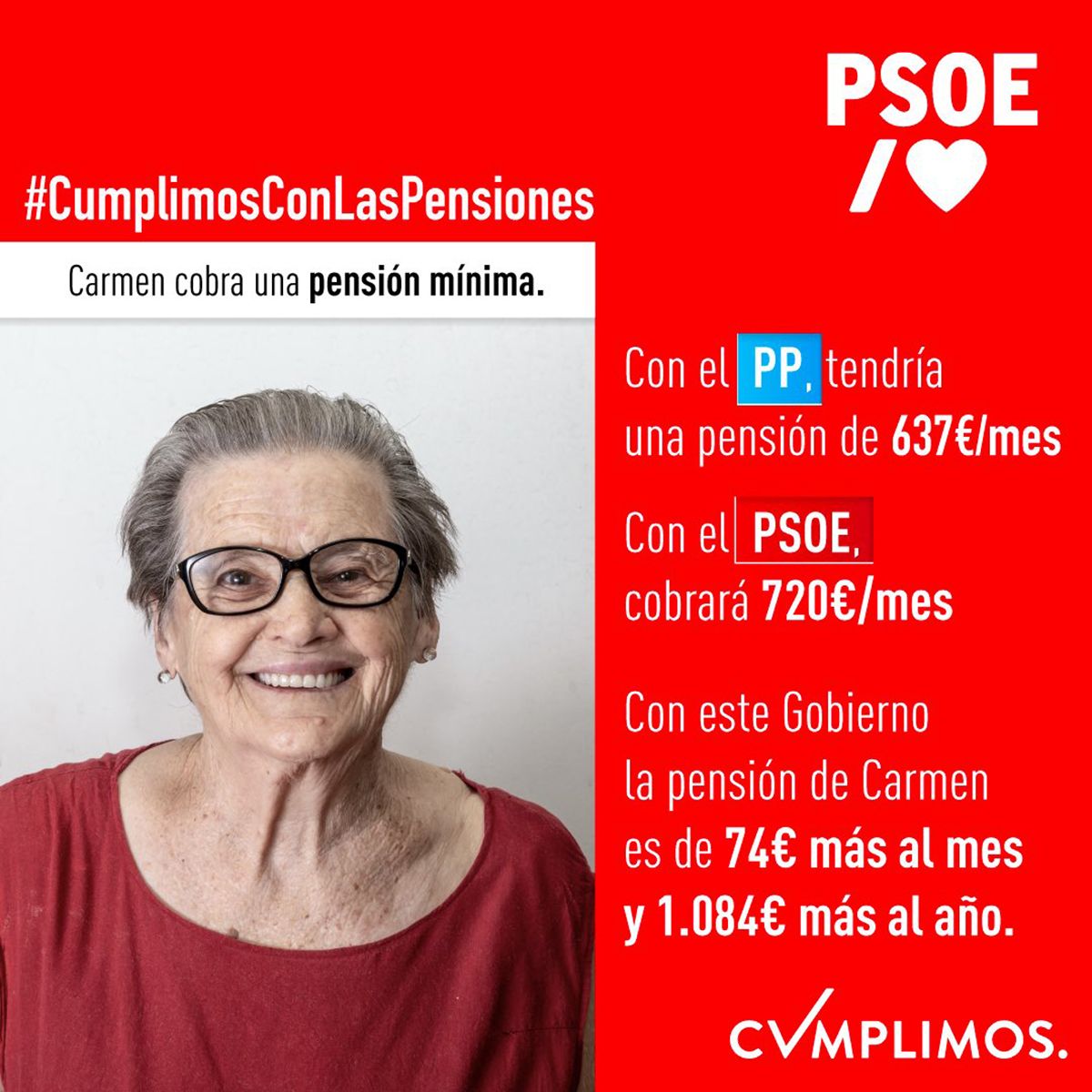 Carmen, la pensionista 'fake': el PSOE usa un banco de imágenes en su campaña sobre las pensiones