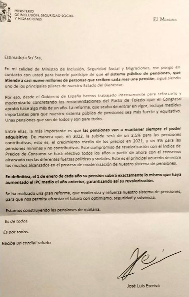 Carta de Escrivá a los pensionistas