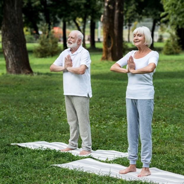 Pareja haciendo yoga en el jardín