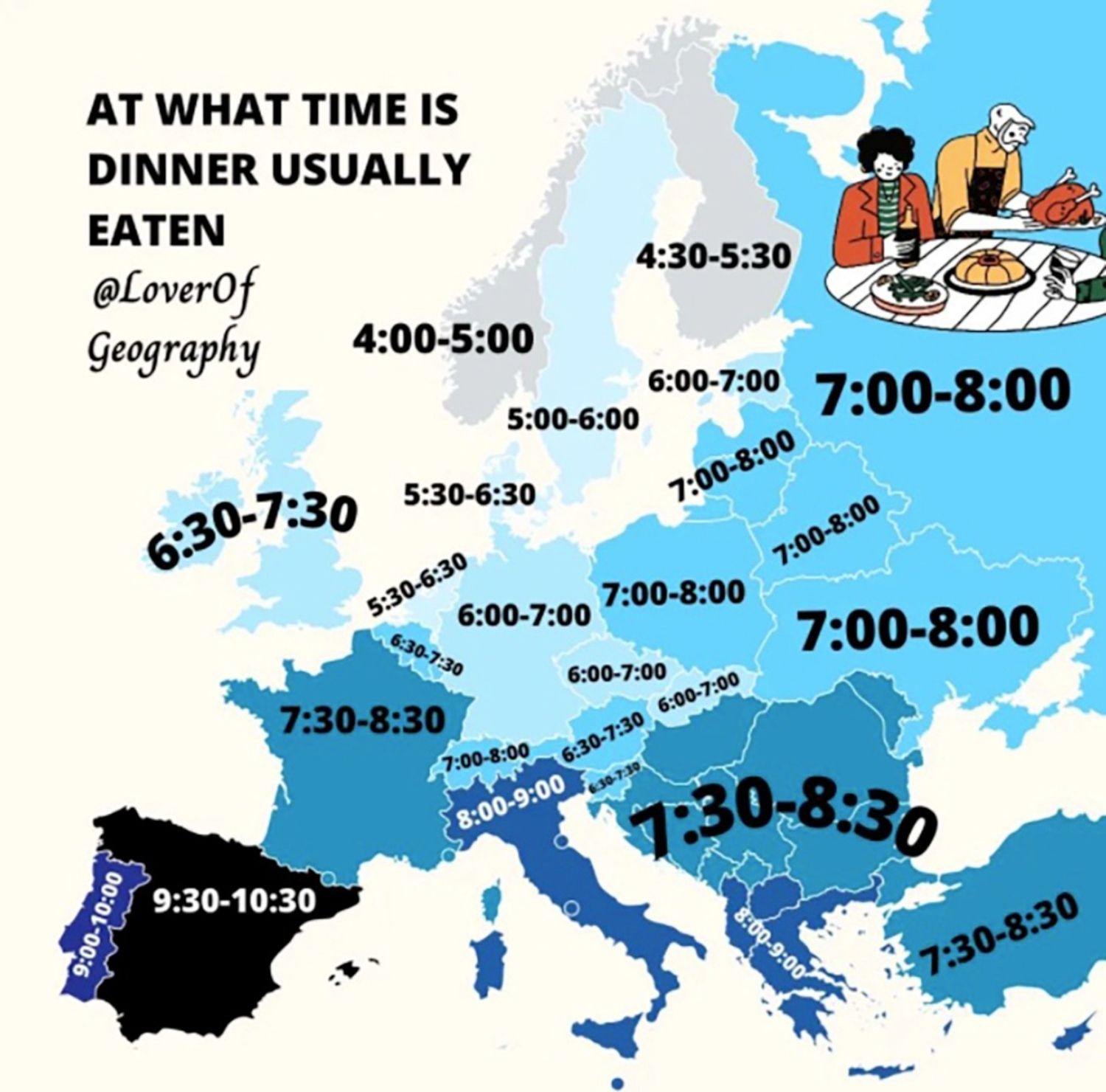 El mapa que muestra a qué hora se cena en cada país de Europa