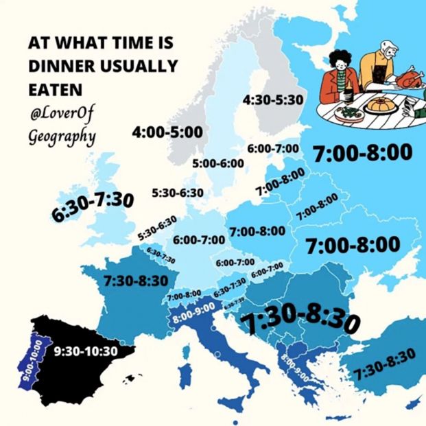 El mapa que muestra a qué hora se cena en cada país de Europa